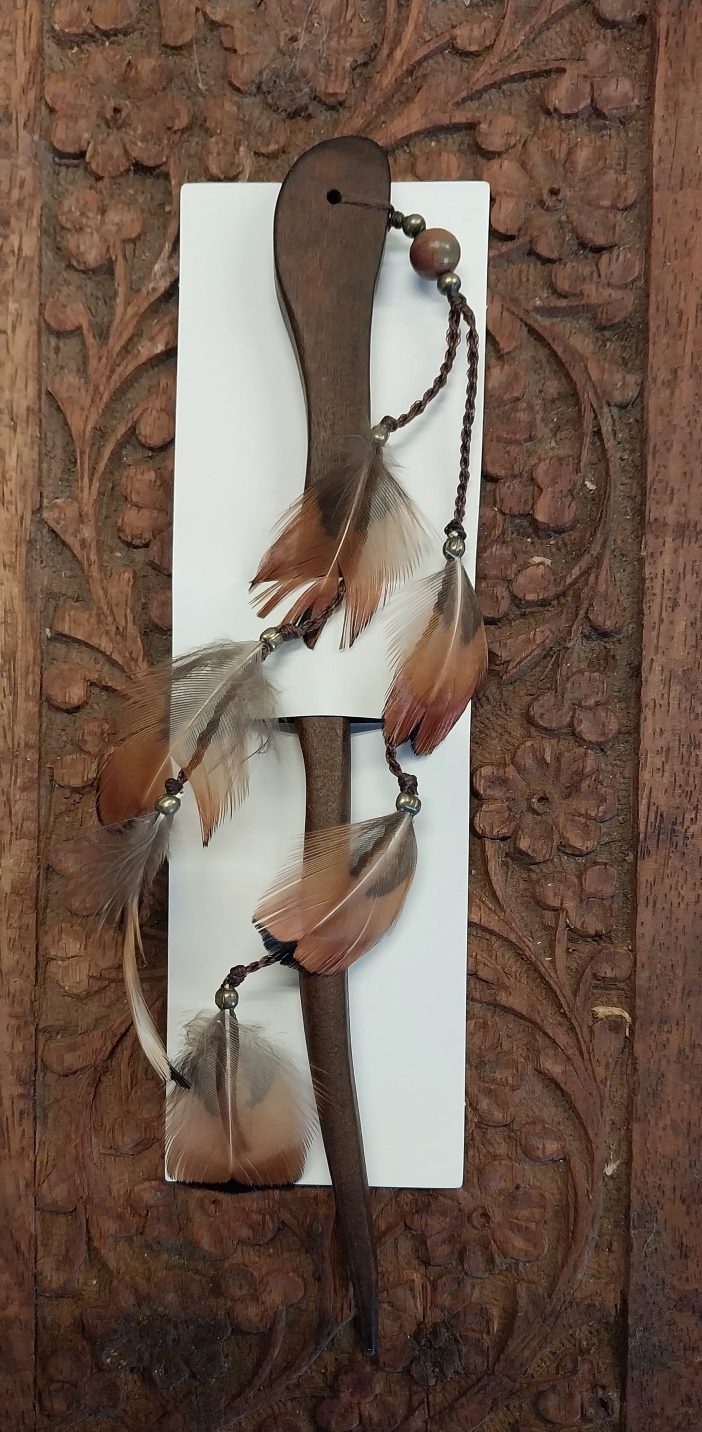 Dark Brown Carved Wooden Hair Stick with Pheasant Feathers