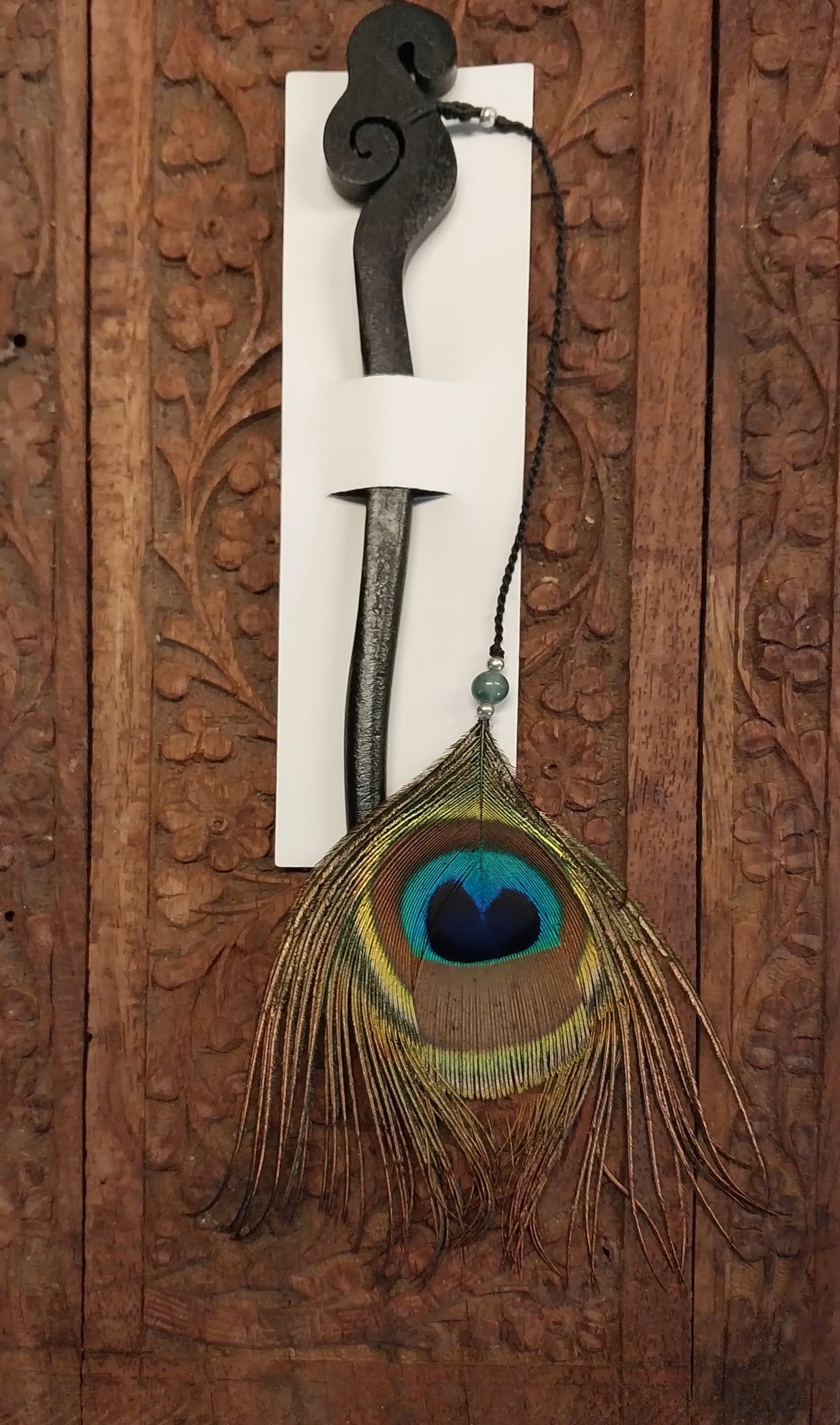 Black Carved Spiral Wooden Hair Stick with Peacock Feather