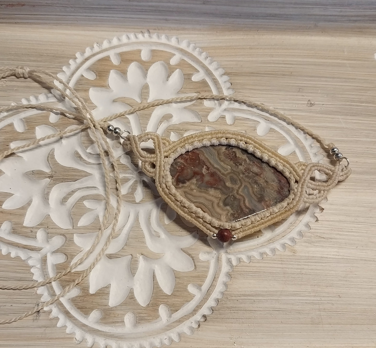 Adjustable Necklace - Asymmetrical Agate W/ Cream Cord