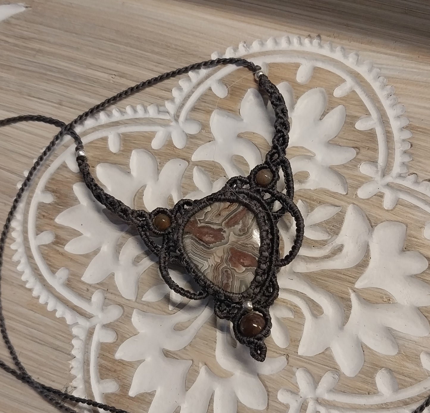 Adjustable Necklace -Crazy Lace Agate w/ Grey Cord