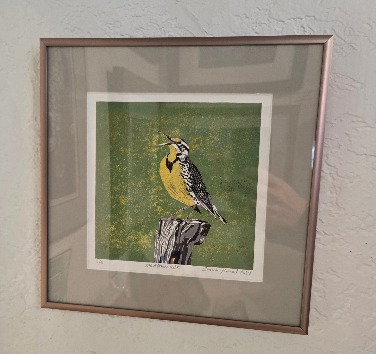 Framed Linocut Print- "Meadowlark"