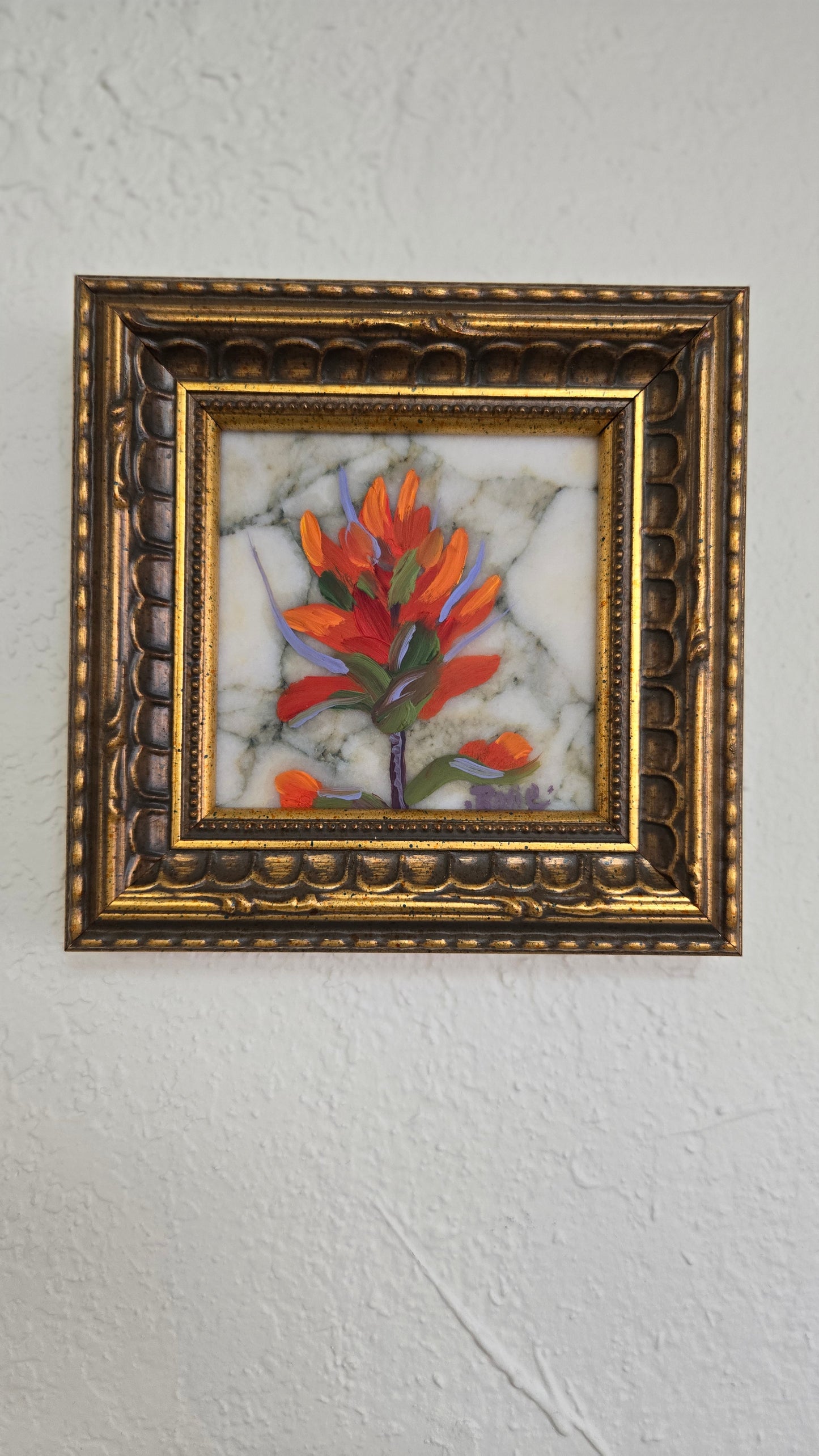 Original Oil Painting Framed- "Indian Paintbrush" On Marble