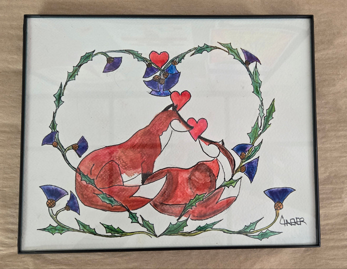 Framed Original Watercolor and Ink- " Fox Love and Thistles "