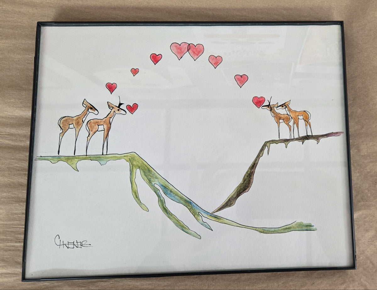Framed Original Watercolor and Ink- " Pronghorn Couples "