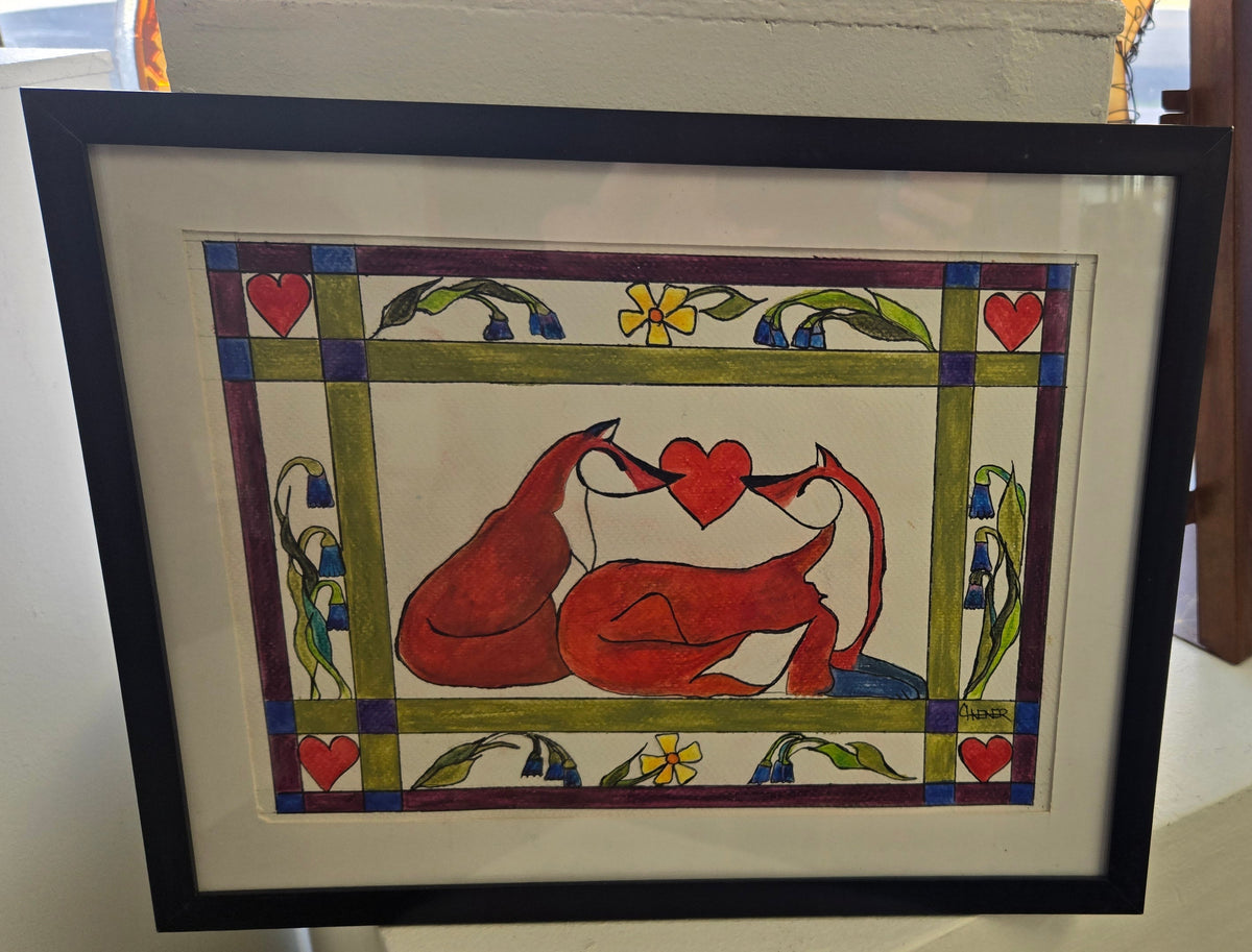 Framed Original Watercolor and Ink- " Fox Love and Harebells "