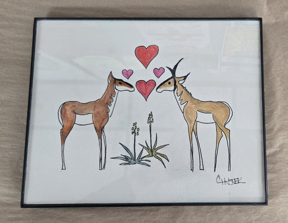 Framed Original Watercolor and Ink- "Pronghorn Love "