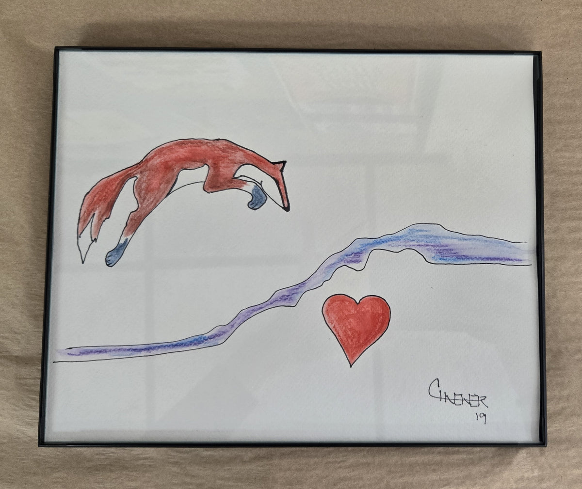 Framed Original Watercolor and Ink- "Fox Leap Love"