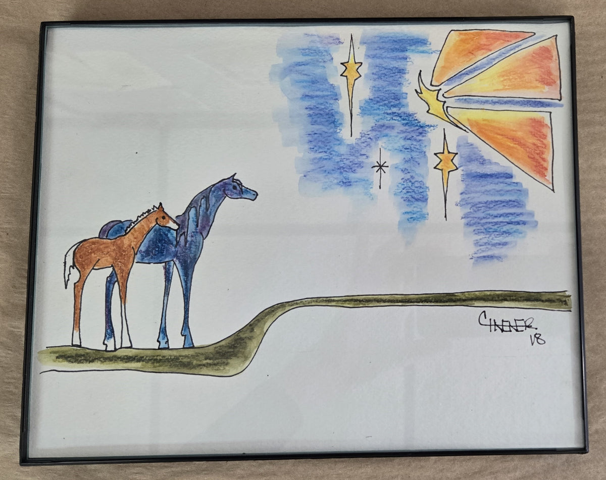 Original Watercolor and Ink- "Blue Mare and Foul and Shooting Star"