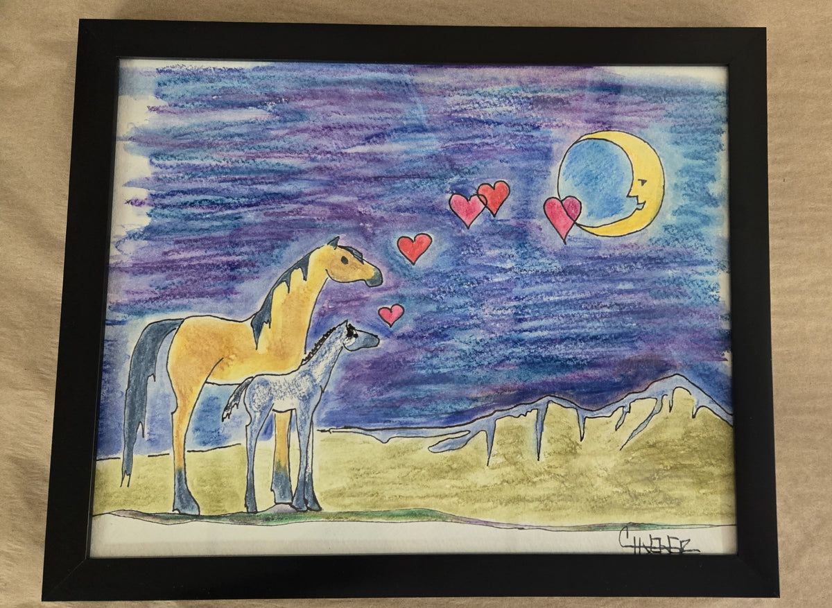 Framed Original Watercolor and Ink- "Buckskin Mare and Foal Love Moon"