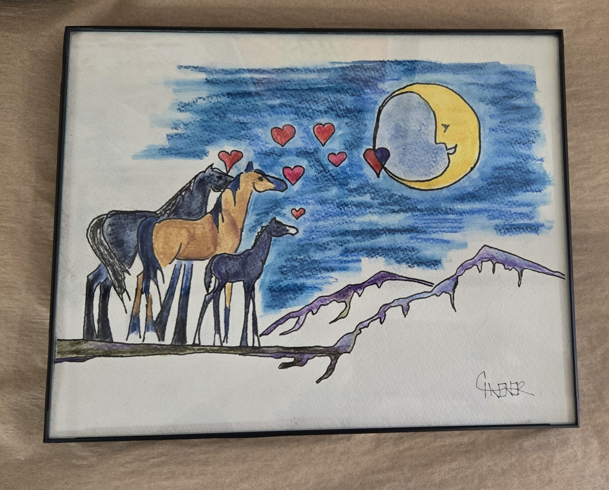 Framed Original Watercolor and Ink- "Mustang Family Loves the Moon "