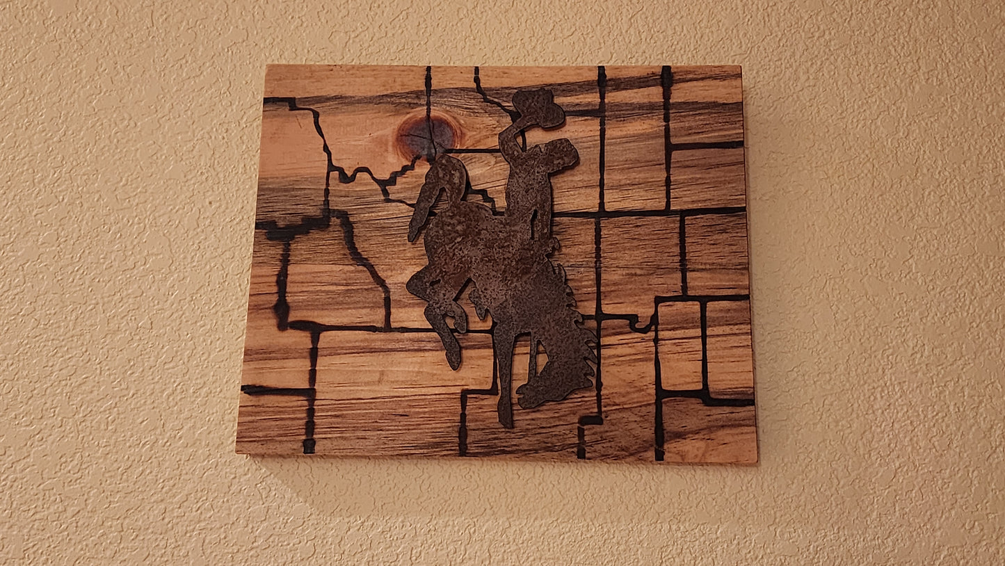 Wall Plaque- Wyoming Map with Bucking Bronc