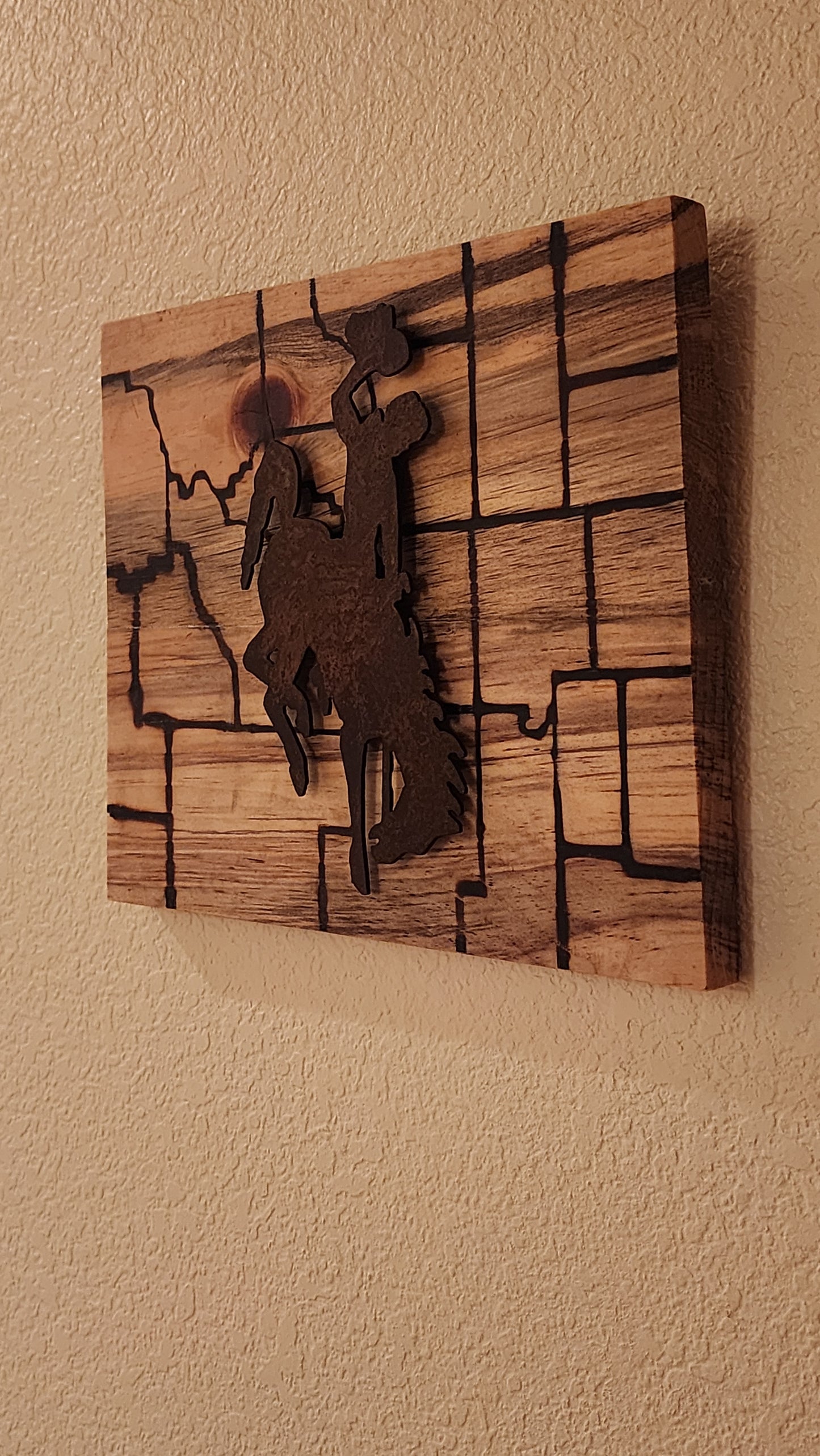 Wall Plaque- Wyoming Map with Bucking Bronc