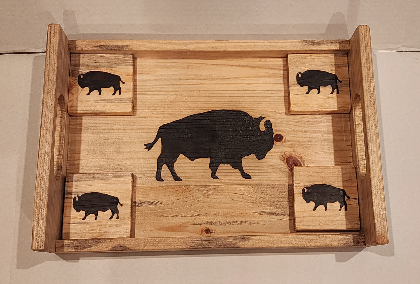 Wood Serving Tray and Coaster Set -Bison