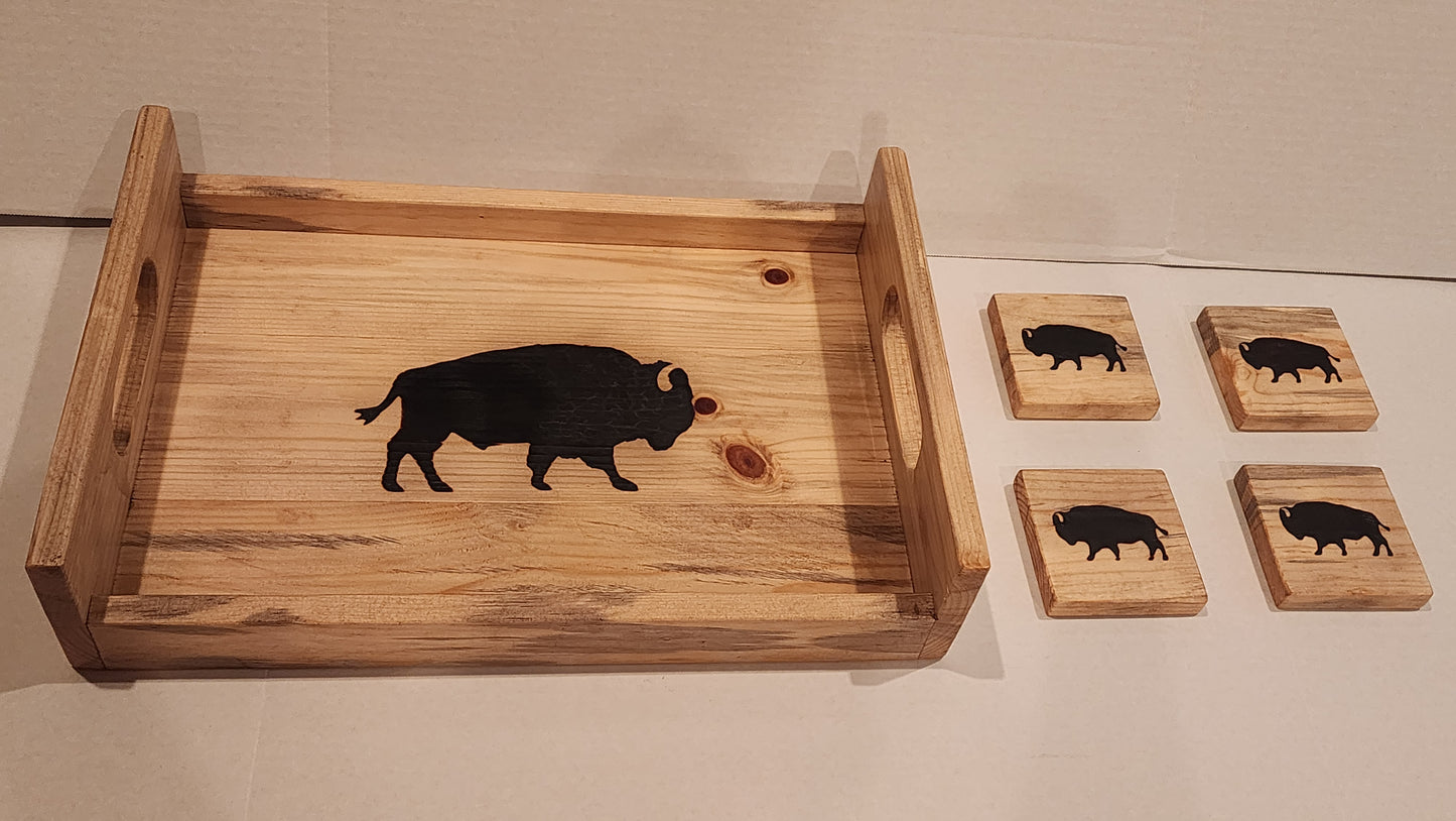 Wood Serving Tray and Coaster Set -Bison
