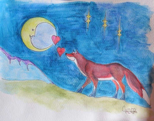 " Grey Fox Sending Hearts to the Moon " Framed Original Artist: Celeste Havener  Grey Wolf sending his love  Quarter moon with smile  Wolf is sending two hearts to the moon.  Night sky with shining stars  8" x 10" original watercolor and ink drawing  Framed in a thin plastic black frame with snap out clear cover that protects the piece  Can hang on the wall or sit on a shelf with the attached frame easel