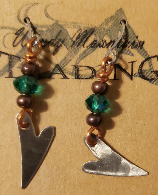 Green Bead with Silver Heart Charm Earrings