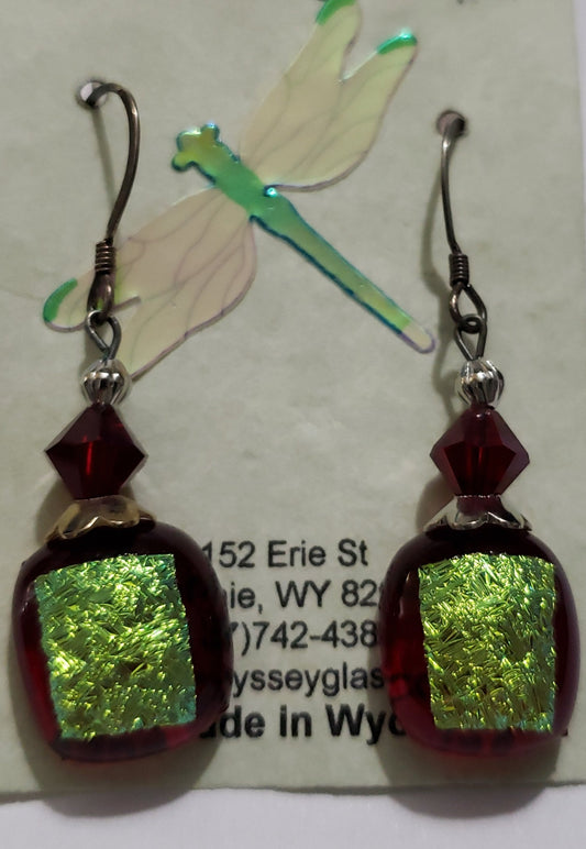 Dichroic  Red Fused Glass with Sliver - green  foil  Square Earrings