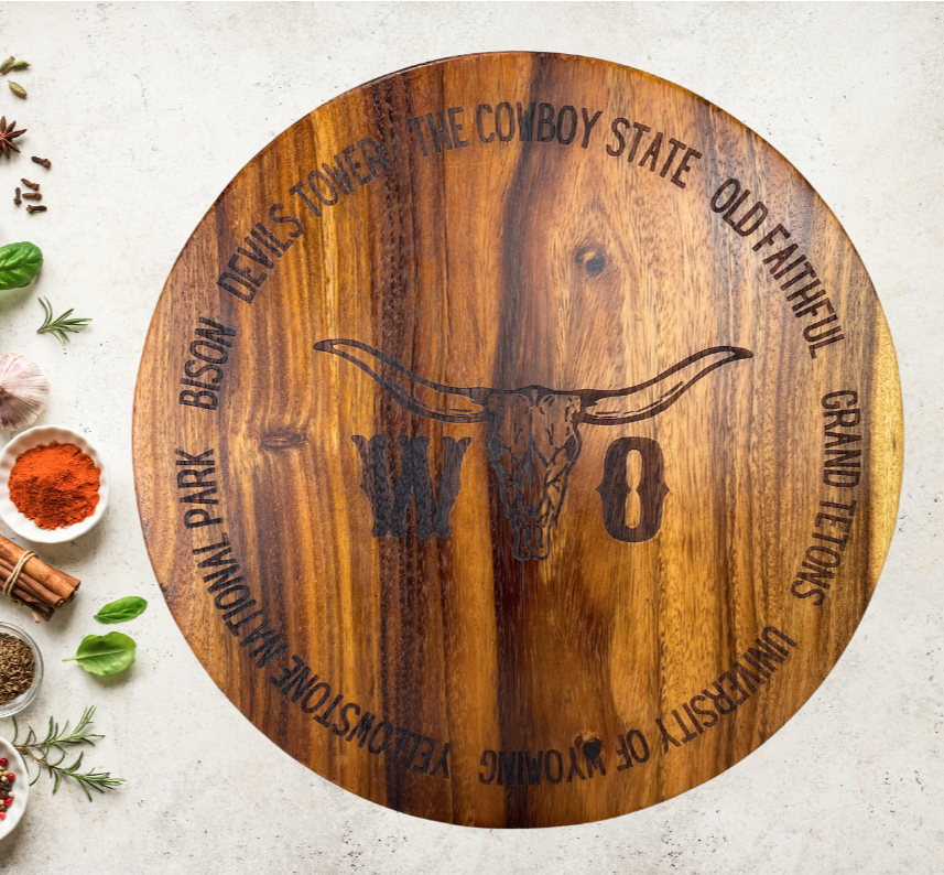 " WYO Steer Head " Laser Engraved Round Charcuterie Board
