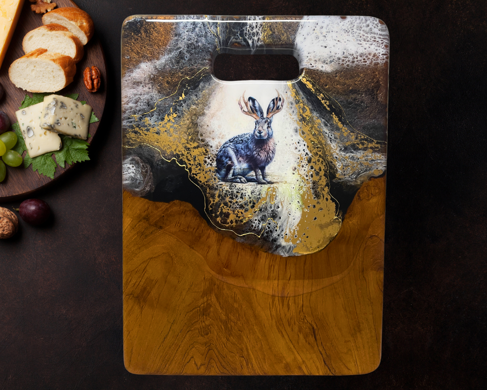 " Jackalope " Teak Cheese Board with 24 K Gold