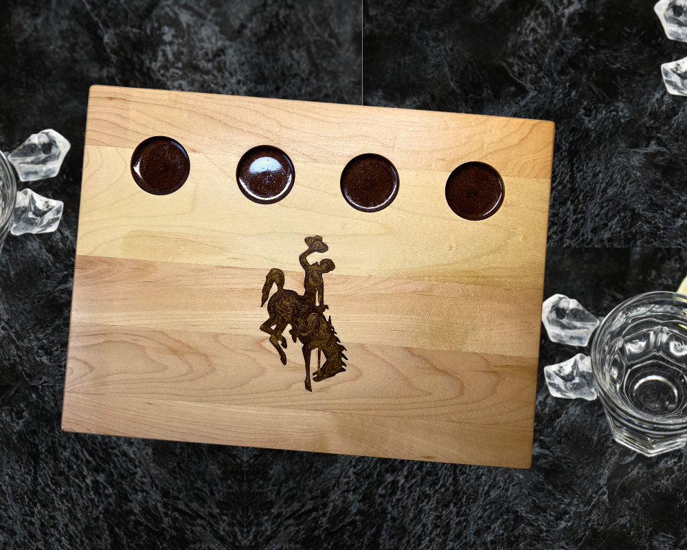 Wyoming Cowboy Shot Glass Flight Board – Maple Wood with Resin Logo