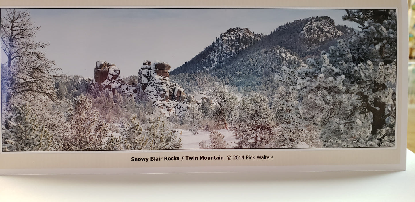 " Snowy Blair Rocks View of Twin Mountains " Greeting Card Artist: Rick Walters View of Twin Mountains in Blair rock formations, east of Laramie wy Trees and rocks are covered in a thick layer of snow and hoarfrost 4" x 9" note card Envelope included, blank inside