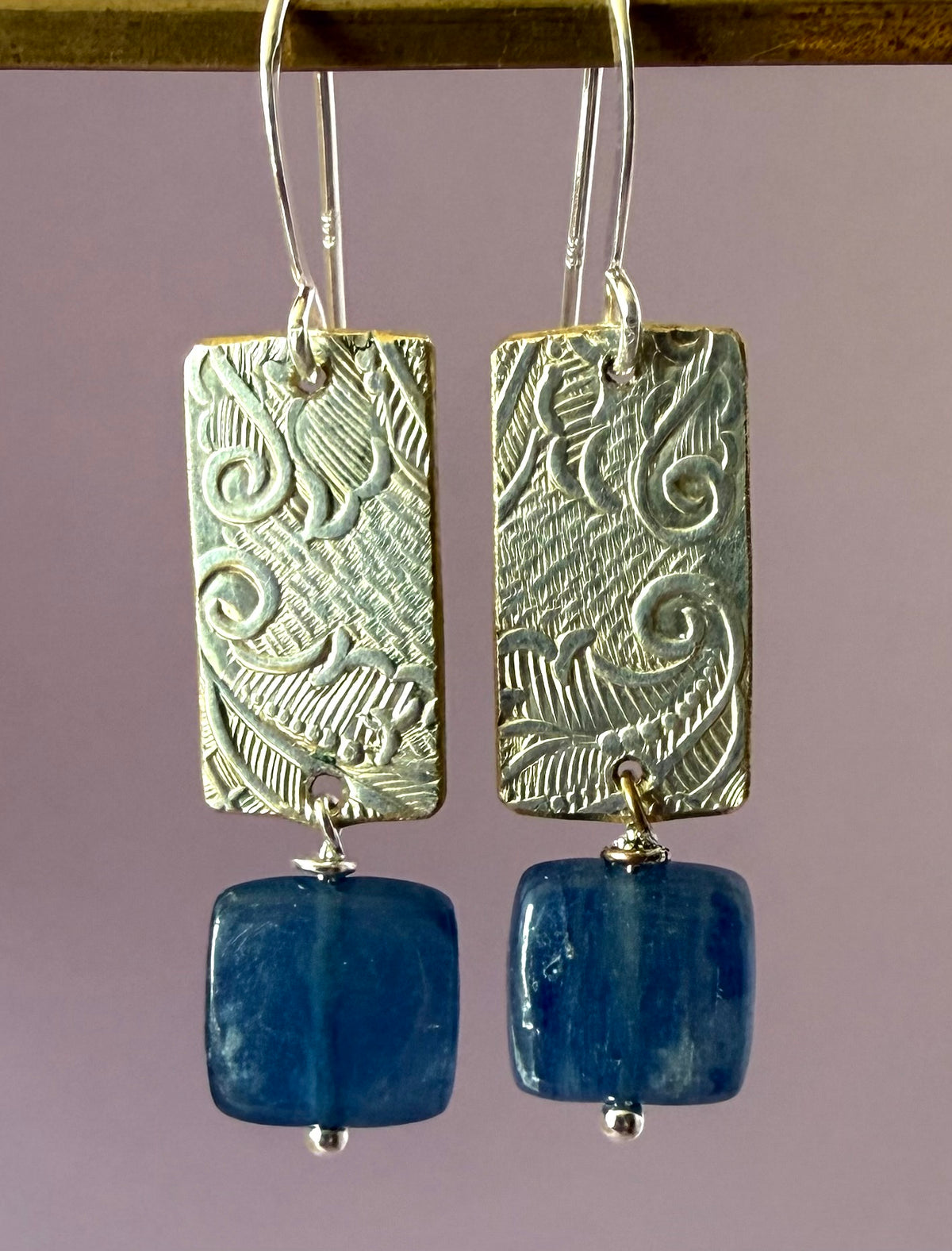 Earrings - Blue Kyanite Squares with Embossed Silver