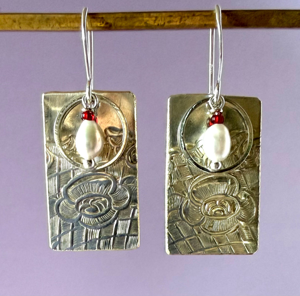 Earrings - Embossed Floral with Pearl and Ruby
