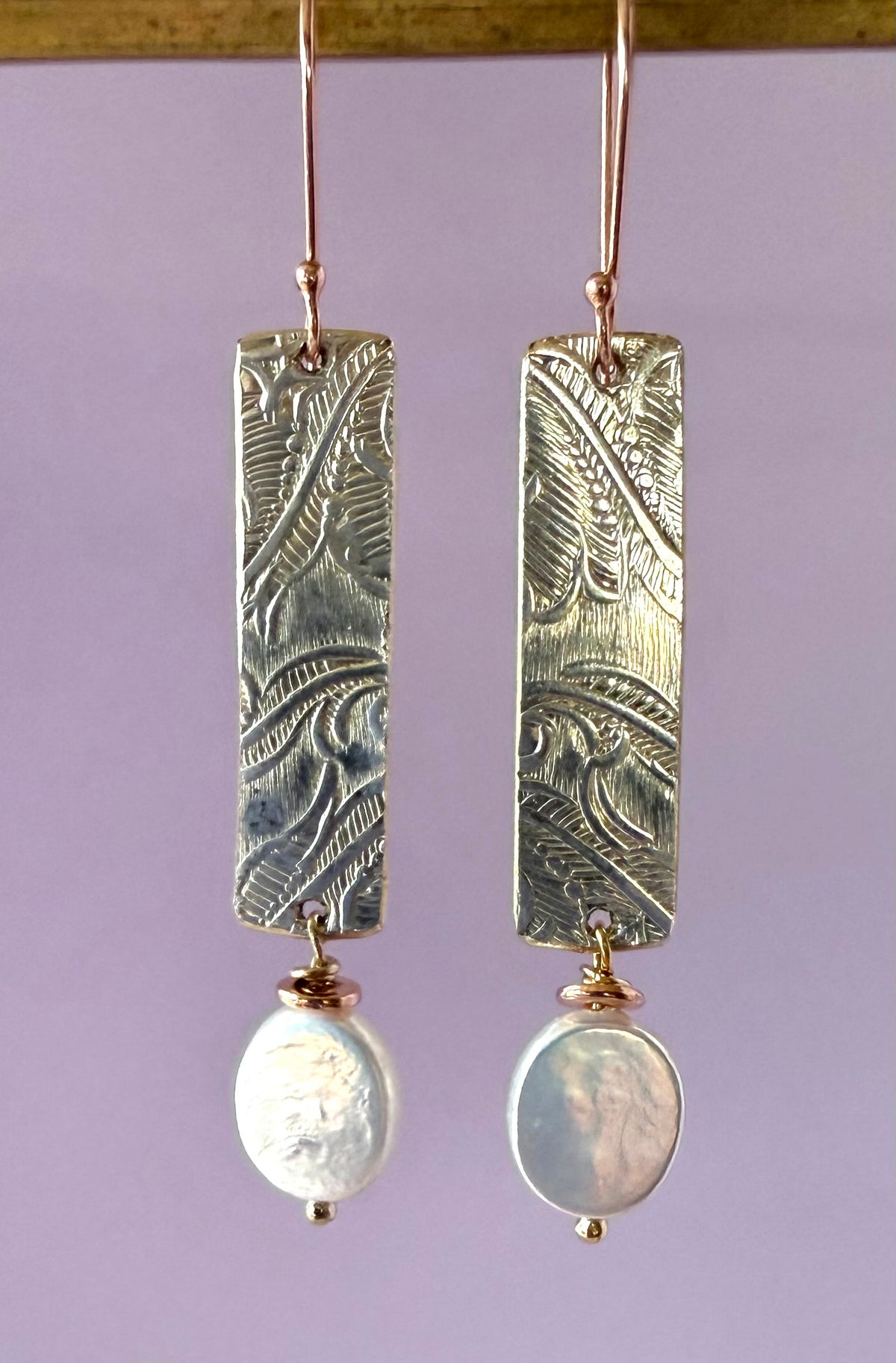 Earrings - Embossed Silver with Oval Pearls