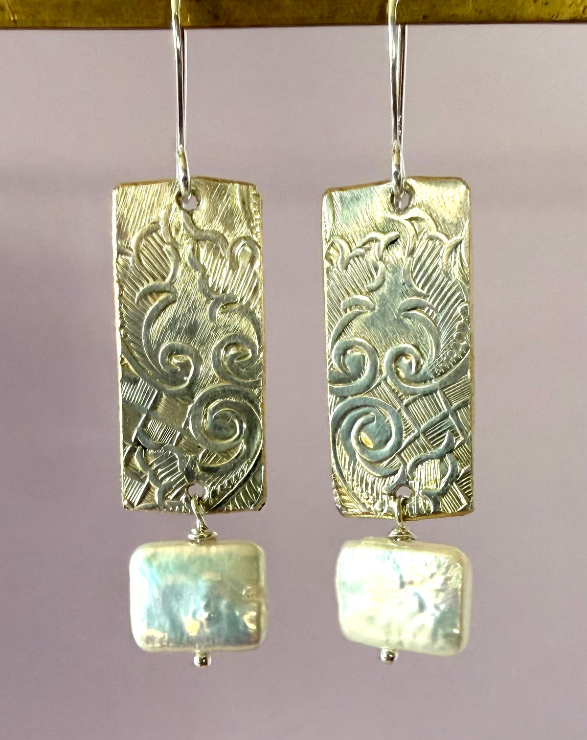 Earrings - Embossed Silver with Rectangle Pearls