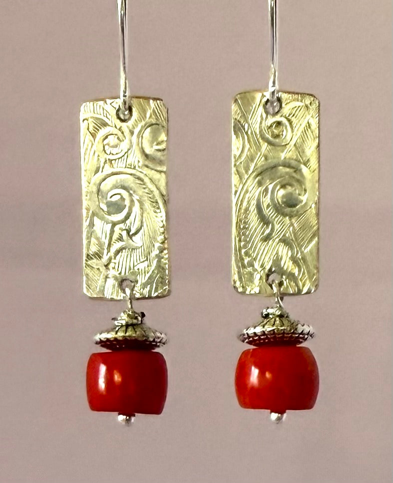 Earrings - Embossed Silver and Red Branch Coral