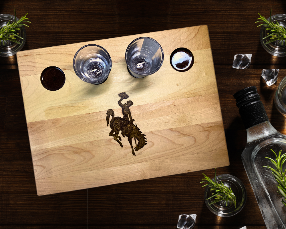 Wyoming Cowboy Shot Glass Flight Board – Maple Wood with Resin Logo