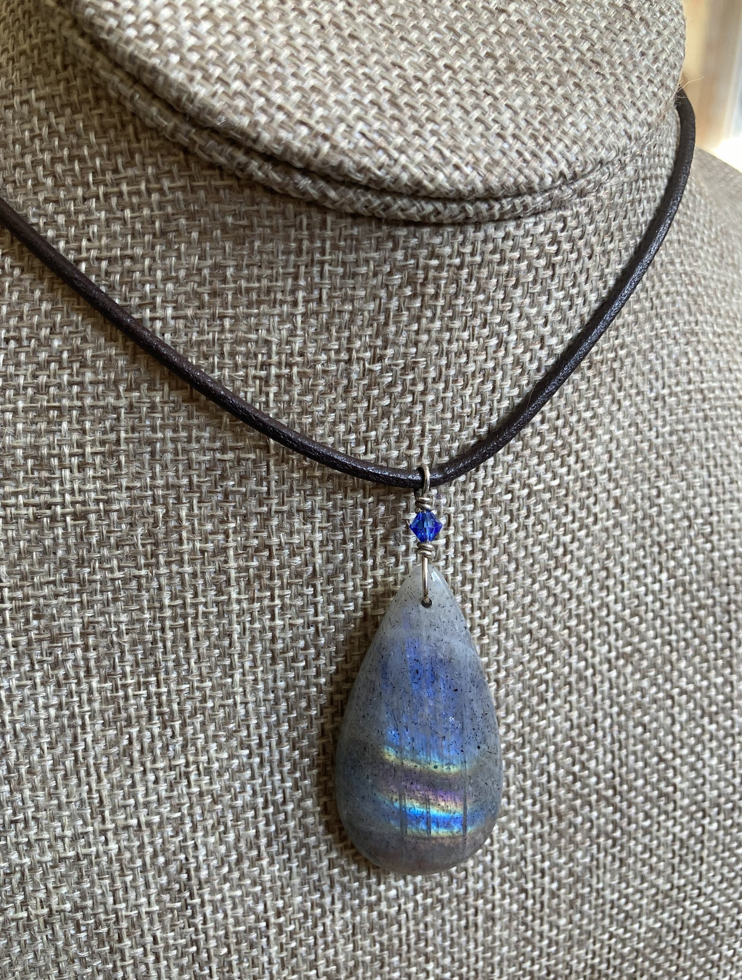 Leather Choker Necklace- Labradorite