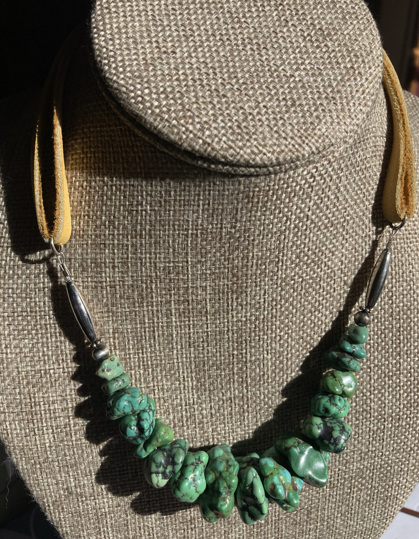 Necklace- Green Turquoise Nuggets With Leather