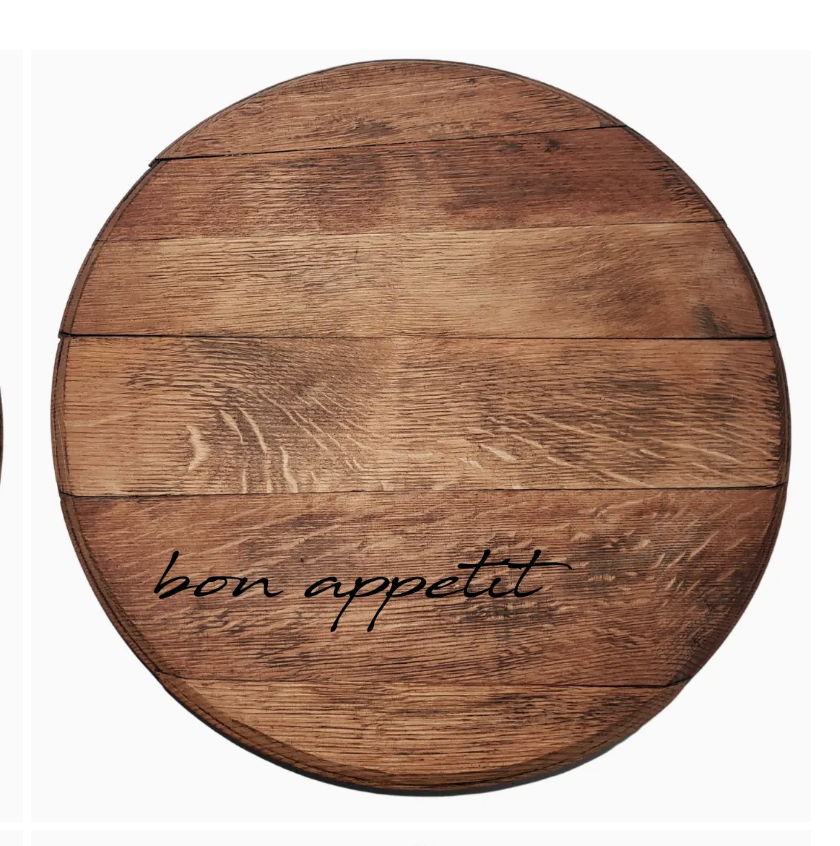 21" Wine Barrel Lazy Susan - Engraved - Rustic Elegance Bon Appetit