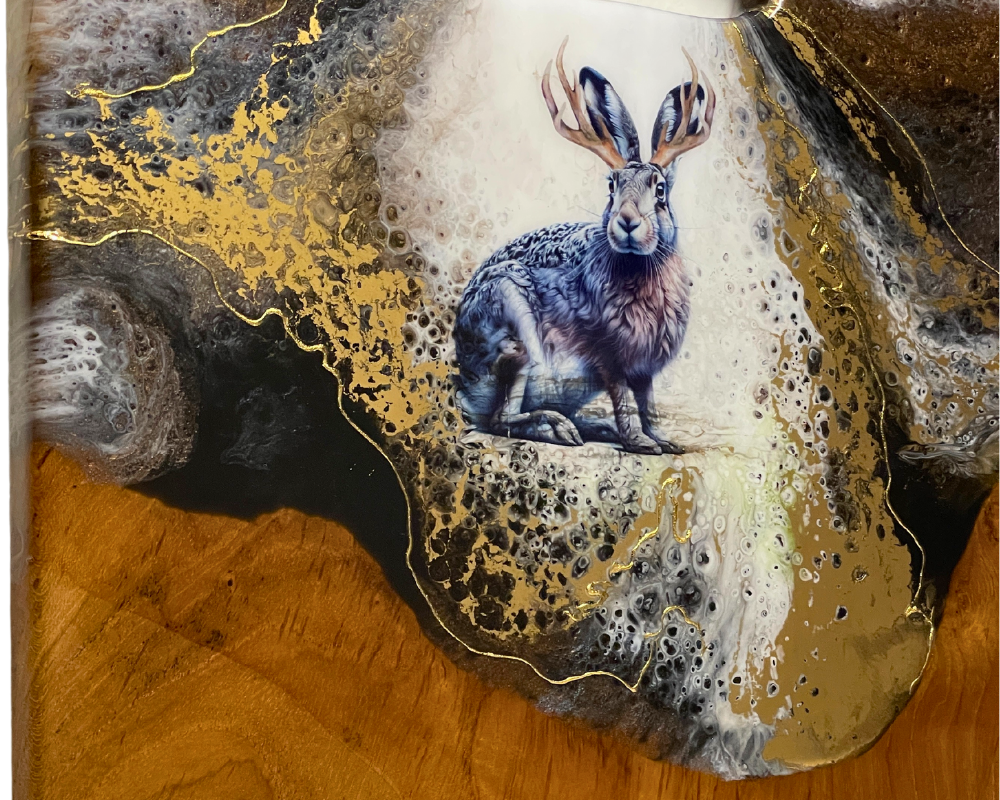 " Jackalope " Teak Cheese Board with 24 K Gold