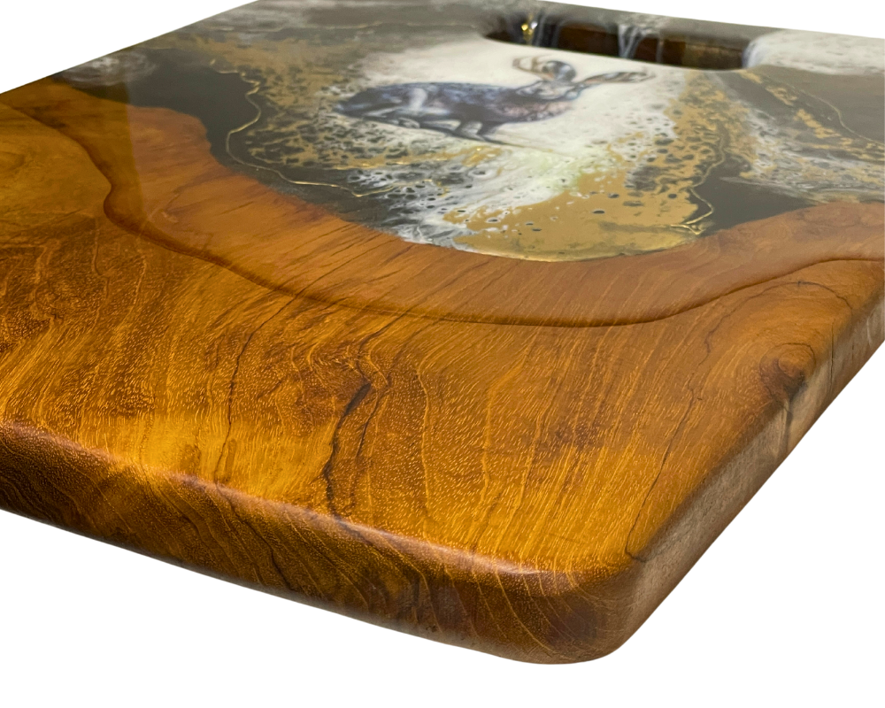 " Jackalope " Teak Cheese Board with 24 K Gold