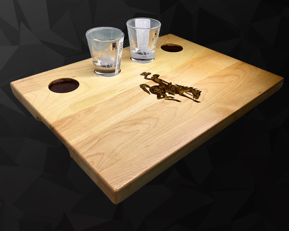 Wyoming Cowboy Shot Glass Flight Board – Maple Wood with Resin Logo
