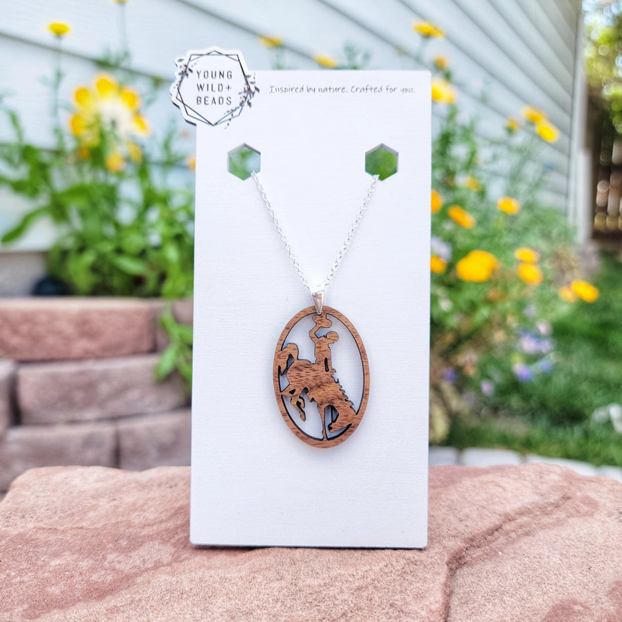 Necklace- Oval With Bucking Bronc Silhouette Wood