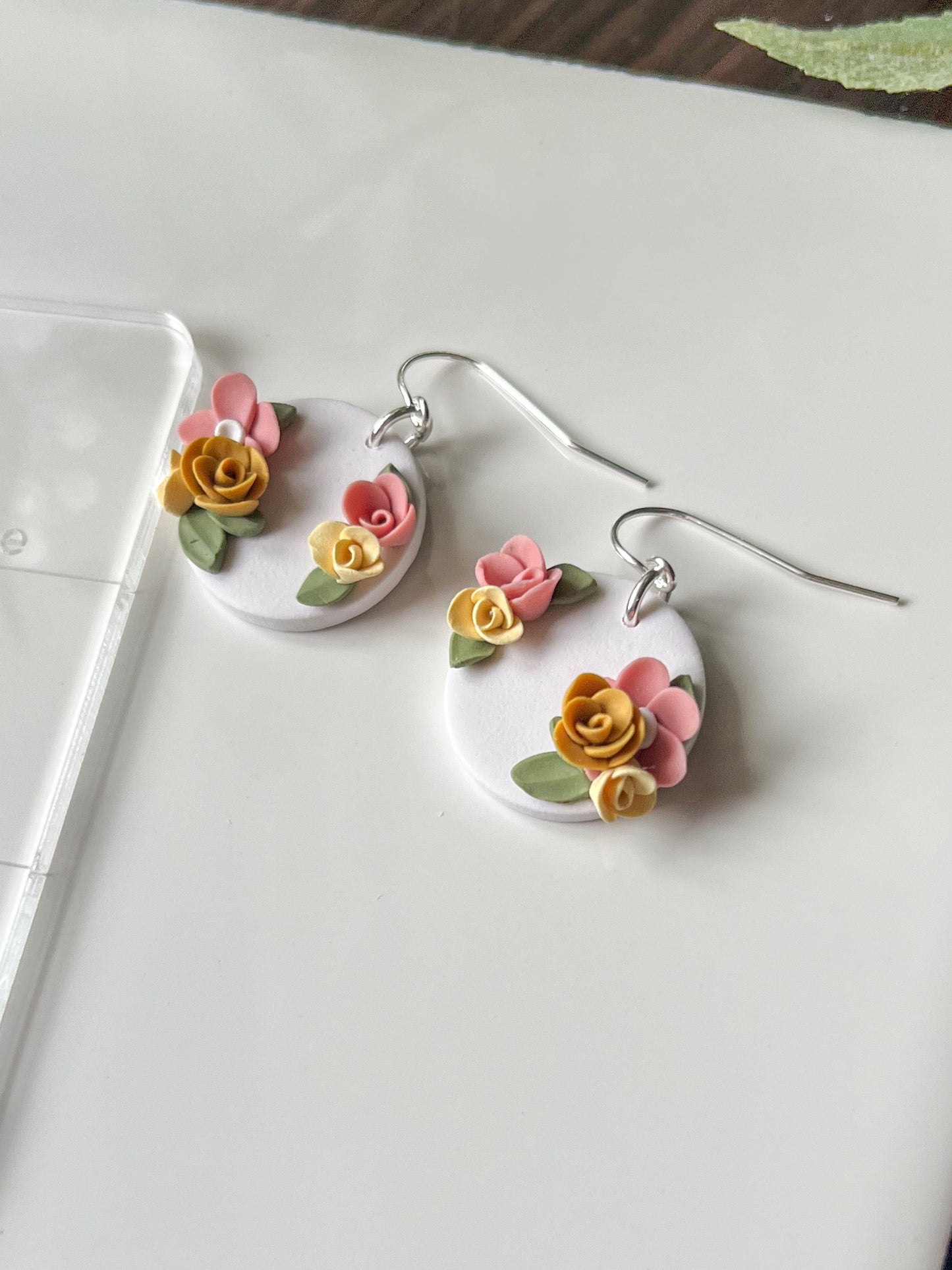 Small White and Pink Medallion Polymer Clay Earrings