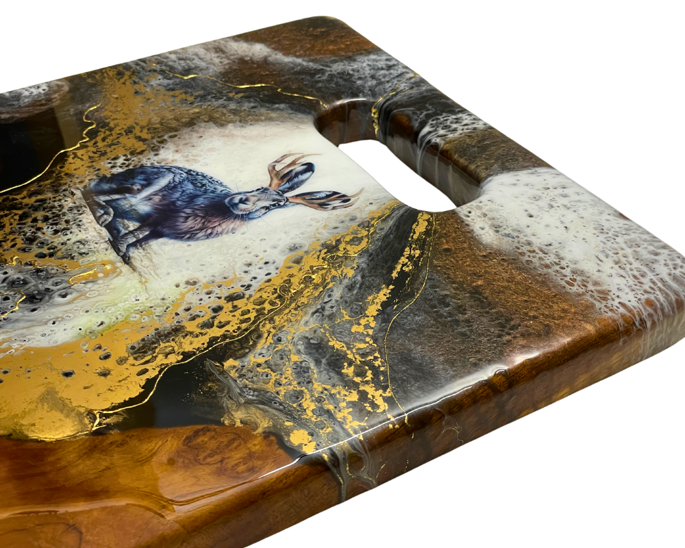 " Jackalope " Teak Cheese Board with 24 K Gold