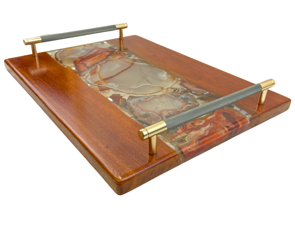Unique Wood and Agate Resin Serving Tray with Handles