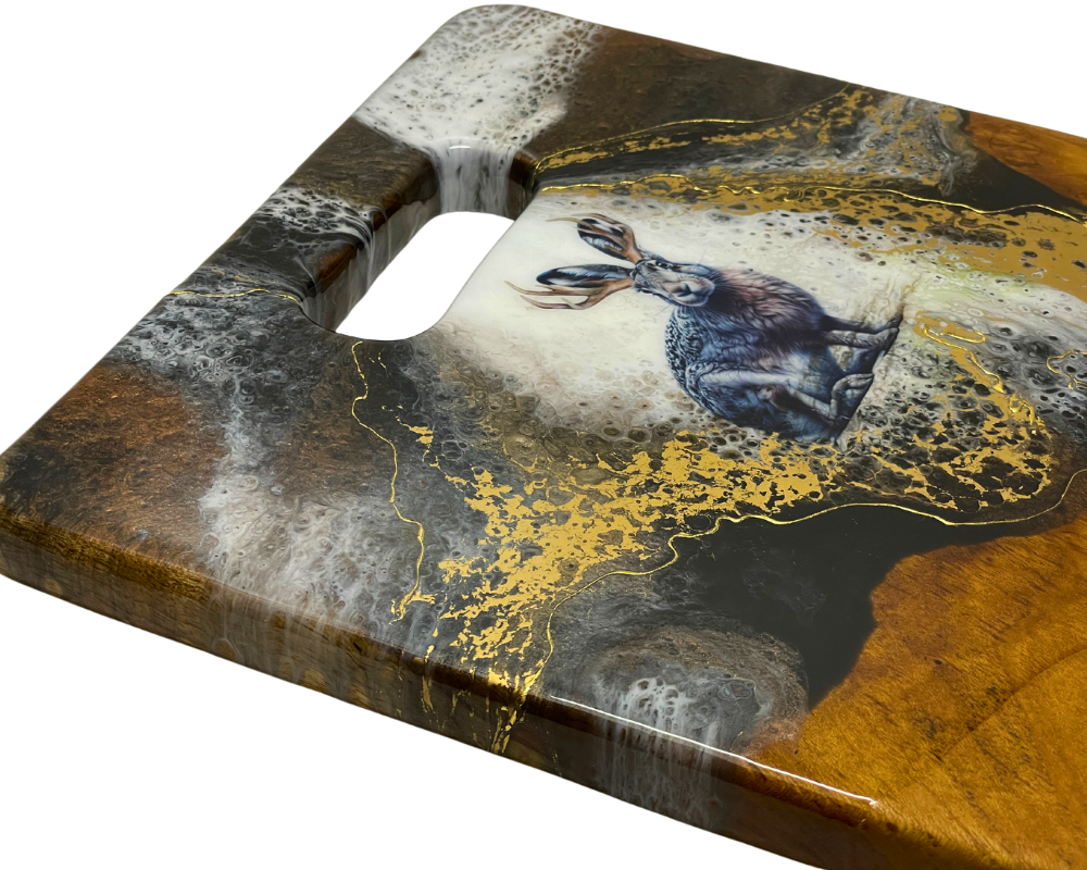 " Jackalope " Teak Cheese Board with 24 K Gold
