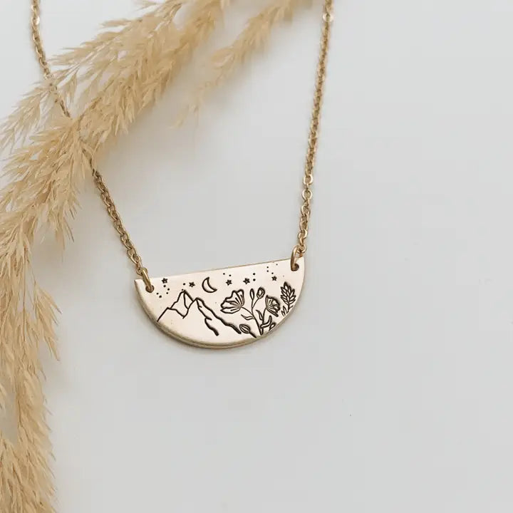 Necklace - Semi-Circle Mountains, Moon, and Flowers