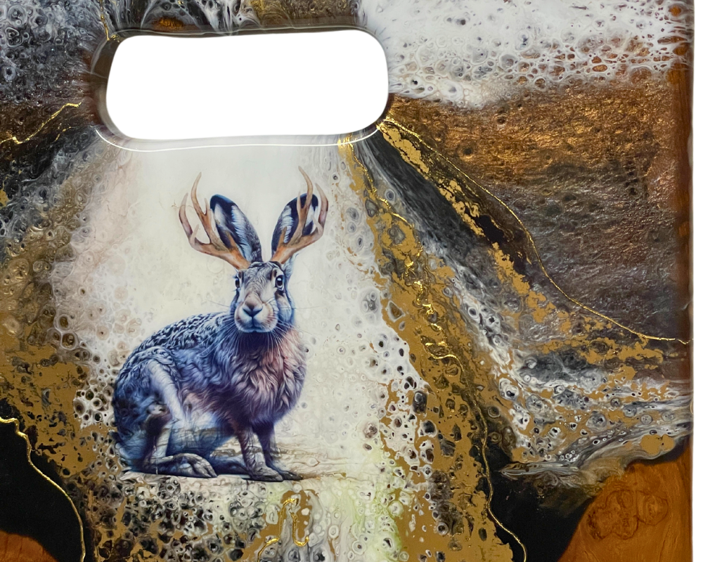 " Jackalope " Teak Cheese Board with 24 K Gold