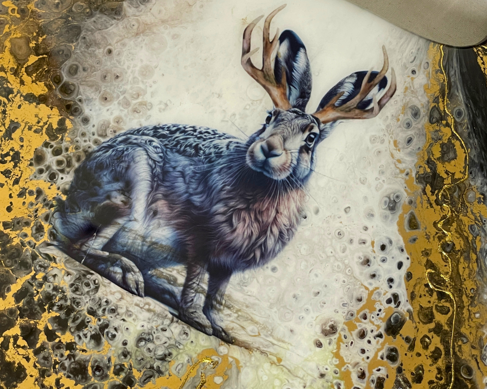" Jackalope " Teak Cheese Board with 24 K Gold