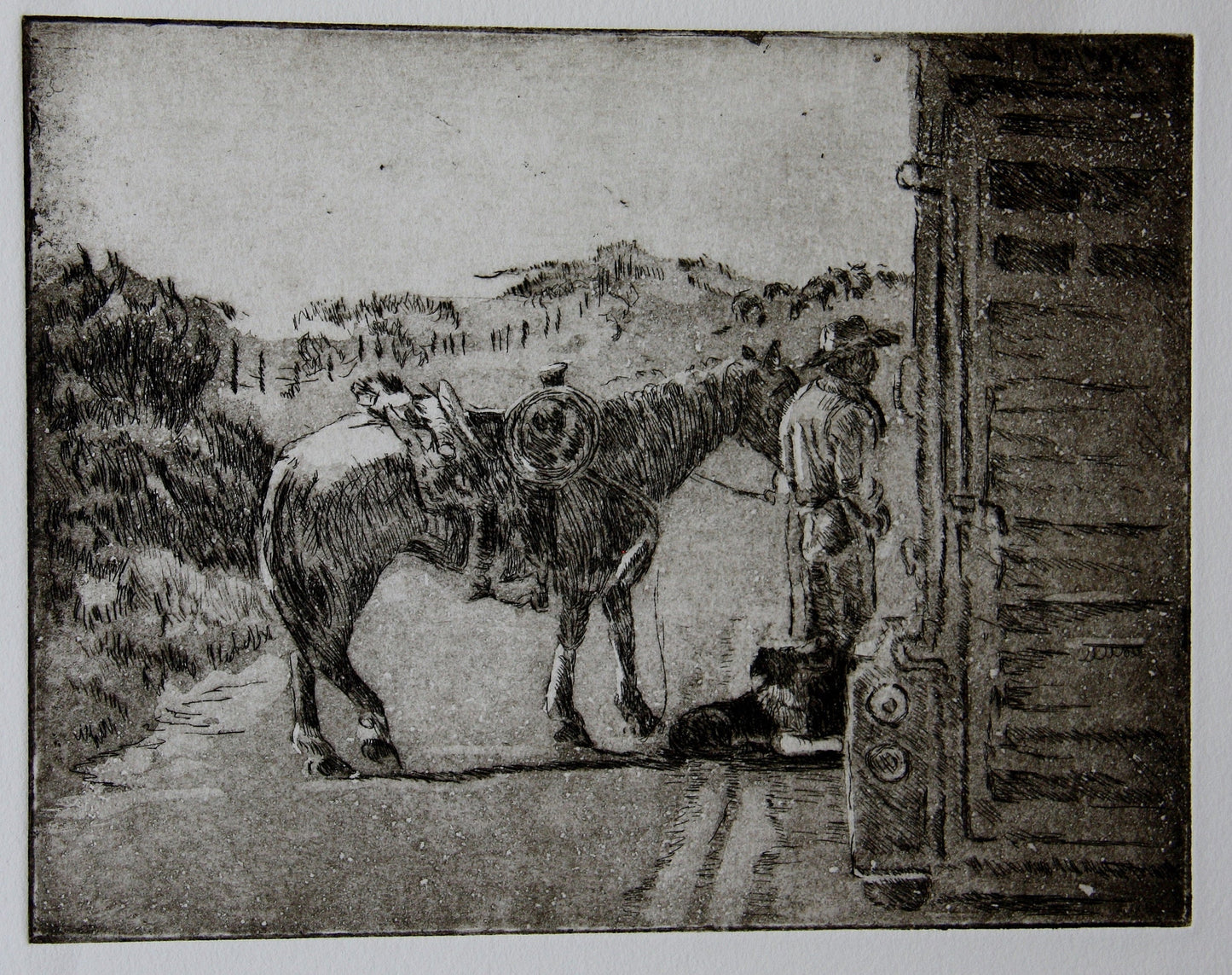 #20 of a Variable Edition of 30 Original Intaglio Prints Hand inked and hand printed - each of these is considered an original work of art Framed and Matted Intaglio and Aquatint Etching printed on Rives BFK Frame is a natural color Douglas Fir wood with glass MSC-328-23005