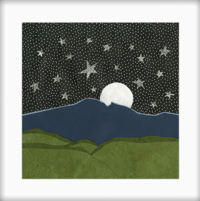 A Fuller Moonrise " Paper Collage Art Artist: Kris Batchelder From an original paper collage piece by the artist Star fill a black night sky while a full white moon is beginning to show over the mountain peak Choose From: Matted Print 8" long x 8" high matted Giclee print of the original 12" long x 12" high matted in a white matting In a plastic sleeve for added protection Ready for a frame