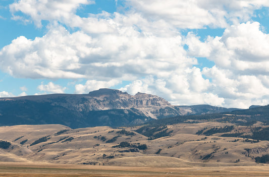 Thick puffy clouds hang over the National Elk Refuge and Sheep Mountain  See a glimpse of the vastness of Wyoming  Choose from:  8" x 12" print  Printed on high-quality photo paper and ready for a frame  In a plastic sleeve with sturdy backing for added protection