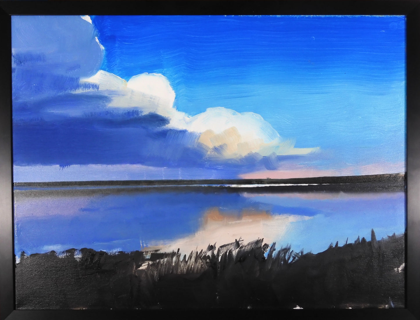 " Above it All " Framed Original Oil Painting Artist: Jon Madsen Original Oil painting Clouds over a lake, reeds in foreground Storm clouds reflected in the water 24" long x 18" high original oil 25" long x 19" high framed Framed D-ring and wire on the back for hanging Please note item is an original from the artist