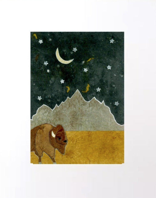 paper collage art of a bison standing in front of a mountain range with moon and start in the sky